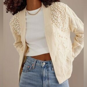 🔮 Anthropologie Pearl Embellished Cable Knit Cardigan